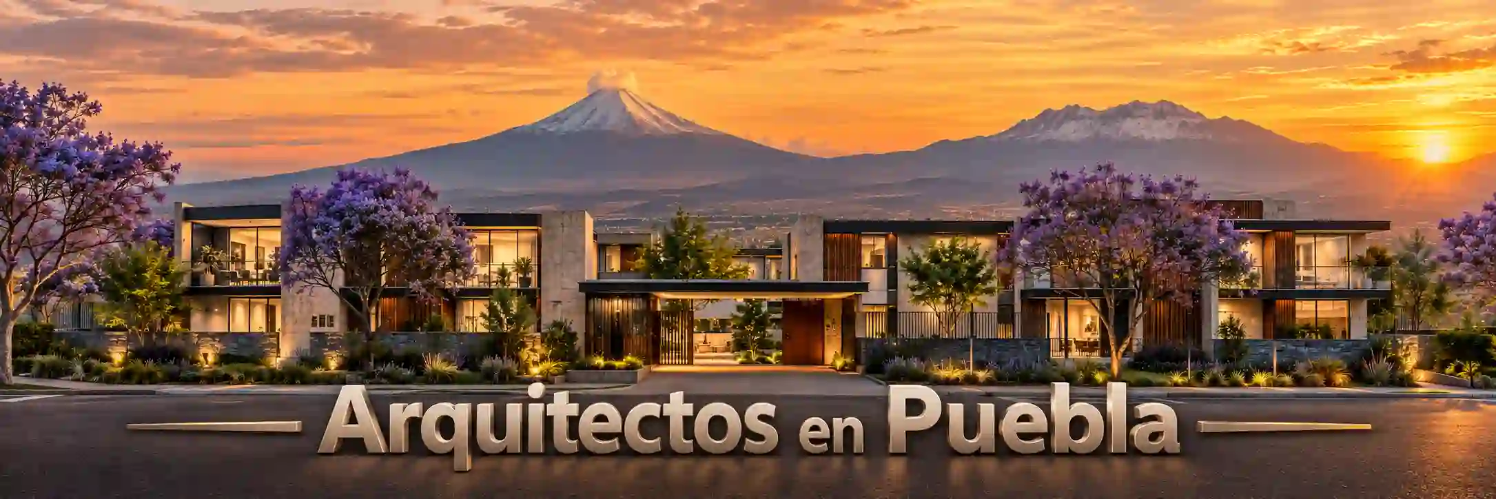 Render de desarrollo residencial contemporáneo al atardecer con fachadas de concreto, madera y cristal, jacarandas en flor y volcanes al fondo
