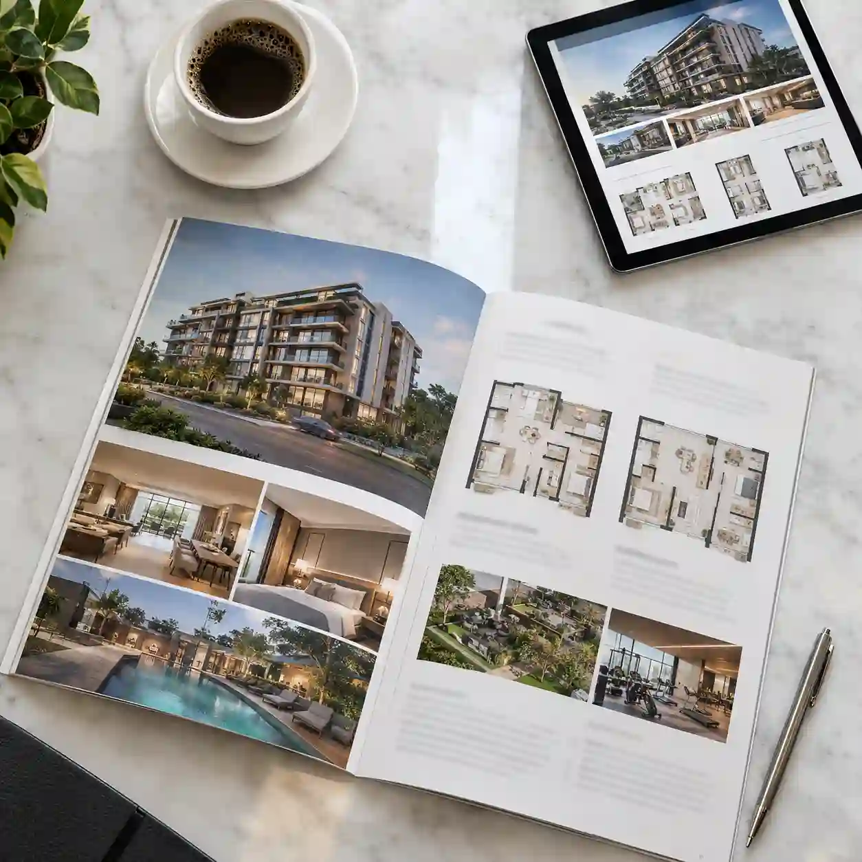 Brochure inmobiliario abierto con renders y plantas arquitectónicas junto a una tablet con su versión digital, sobre mesa de mármol blanco