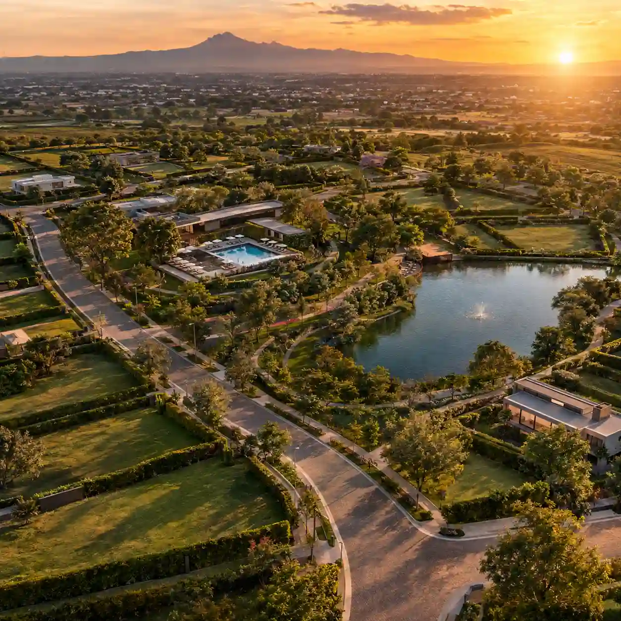 Vista aérea a 45 grados de fraccionamiento campestre con calles curvas, lotes con cercas vivas, casa club con alberca y lago al atardecer