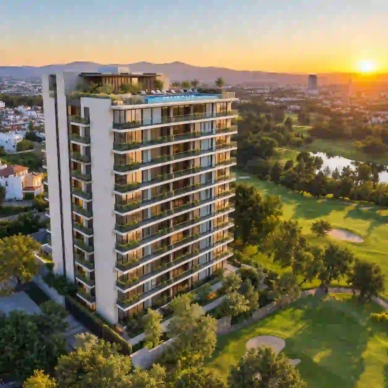 Render fotorrealista tomado con dron al amanecer de una torre de departamentos de doce niveles con fachada de vidrio y piedra clara, alberca en el roof garden y campo de golf arbolado, en León, Guanajuato