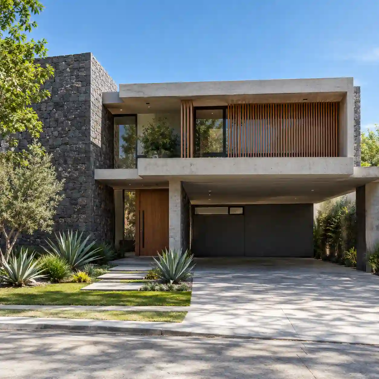 Fachada renderizada de residencia contemporánea de dos niveles con muros de piedra, concreto aparente, celosías de madera y jardín de agaves