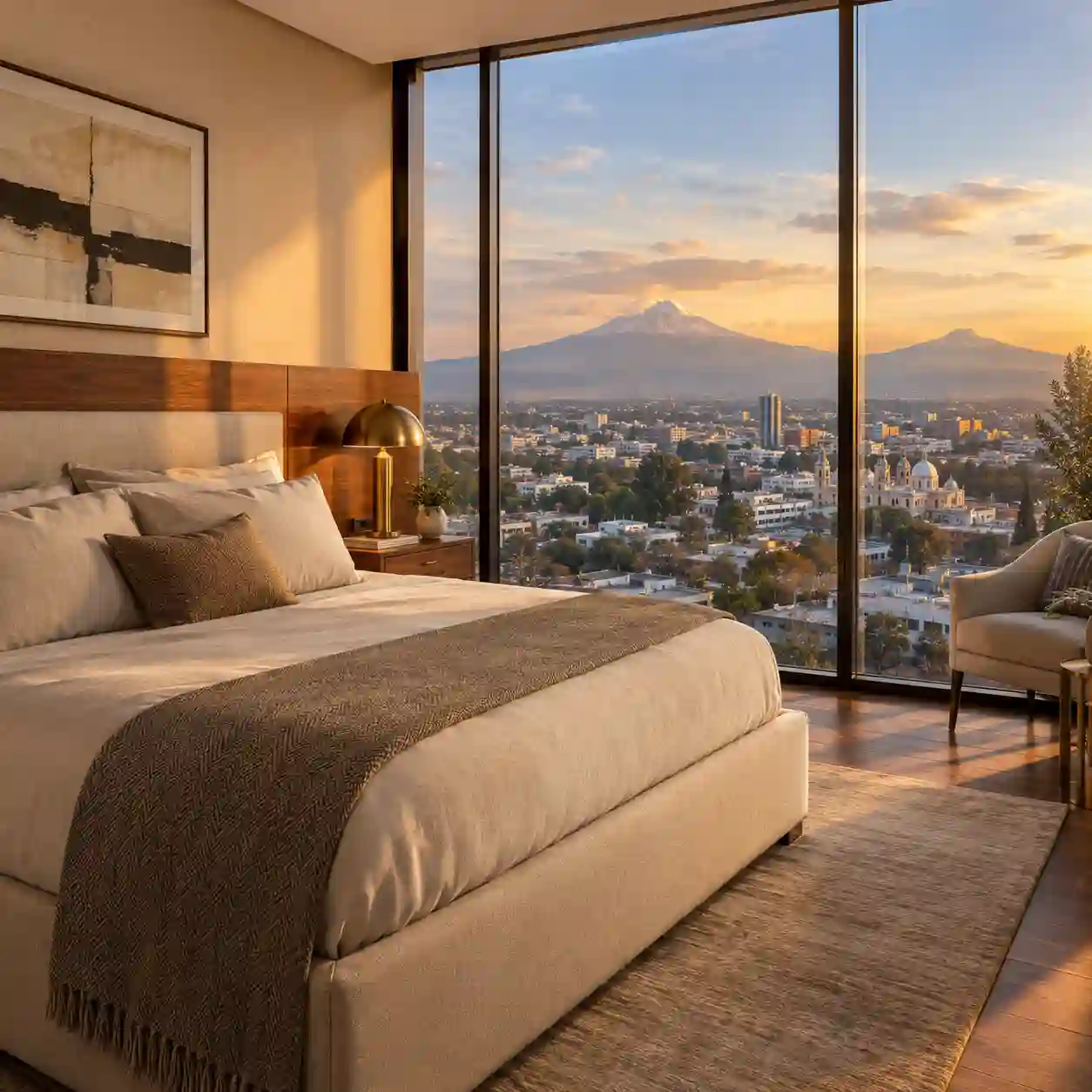 Recámara principal renderizada con cama de lino, cabecera de nogal y ventanal de piso a techo con vista a la ciudad y los volcanes