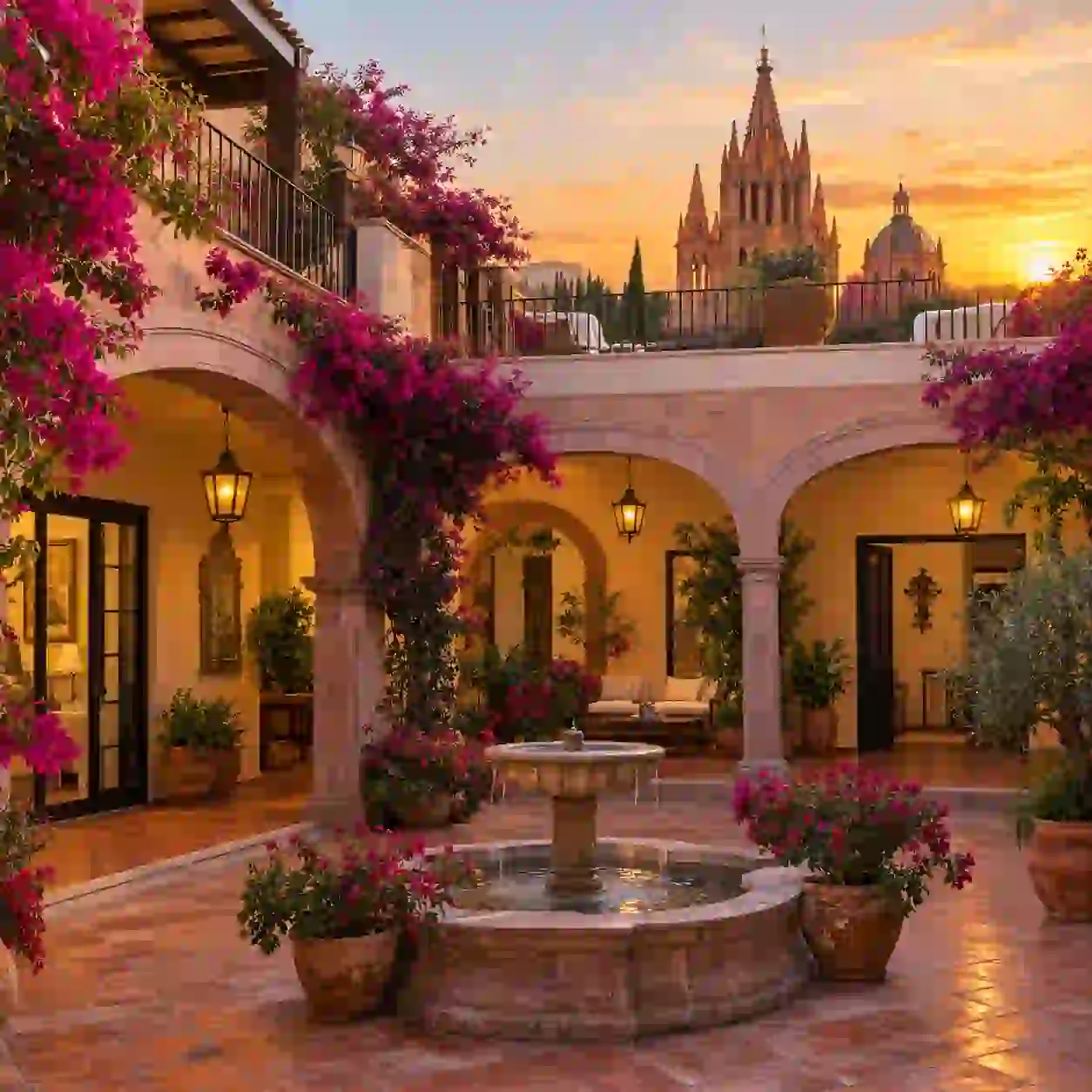 Render fotorrealista del patio interior de una residencia colonial contemporánea con arcos de cantera rosa, fuente de piedra, bugambilias y terraza con vista a la Parroquia de San Miguel Arcángel, en San Miguel de Allende