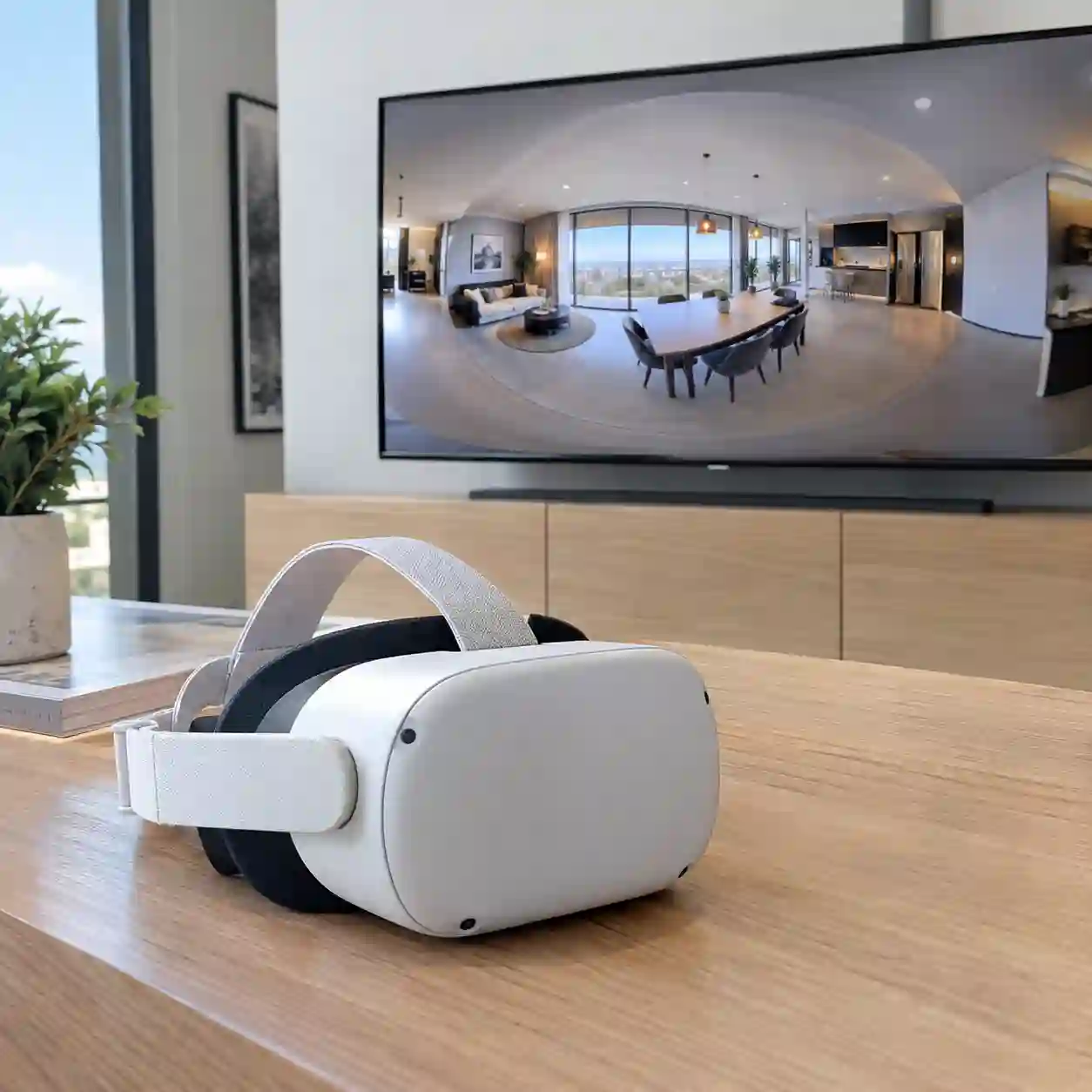 Visor de realidad virtual blanco frente a una pantalla con la vista 360° de la sala-comedor de un departamento