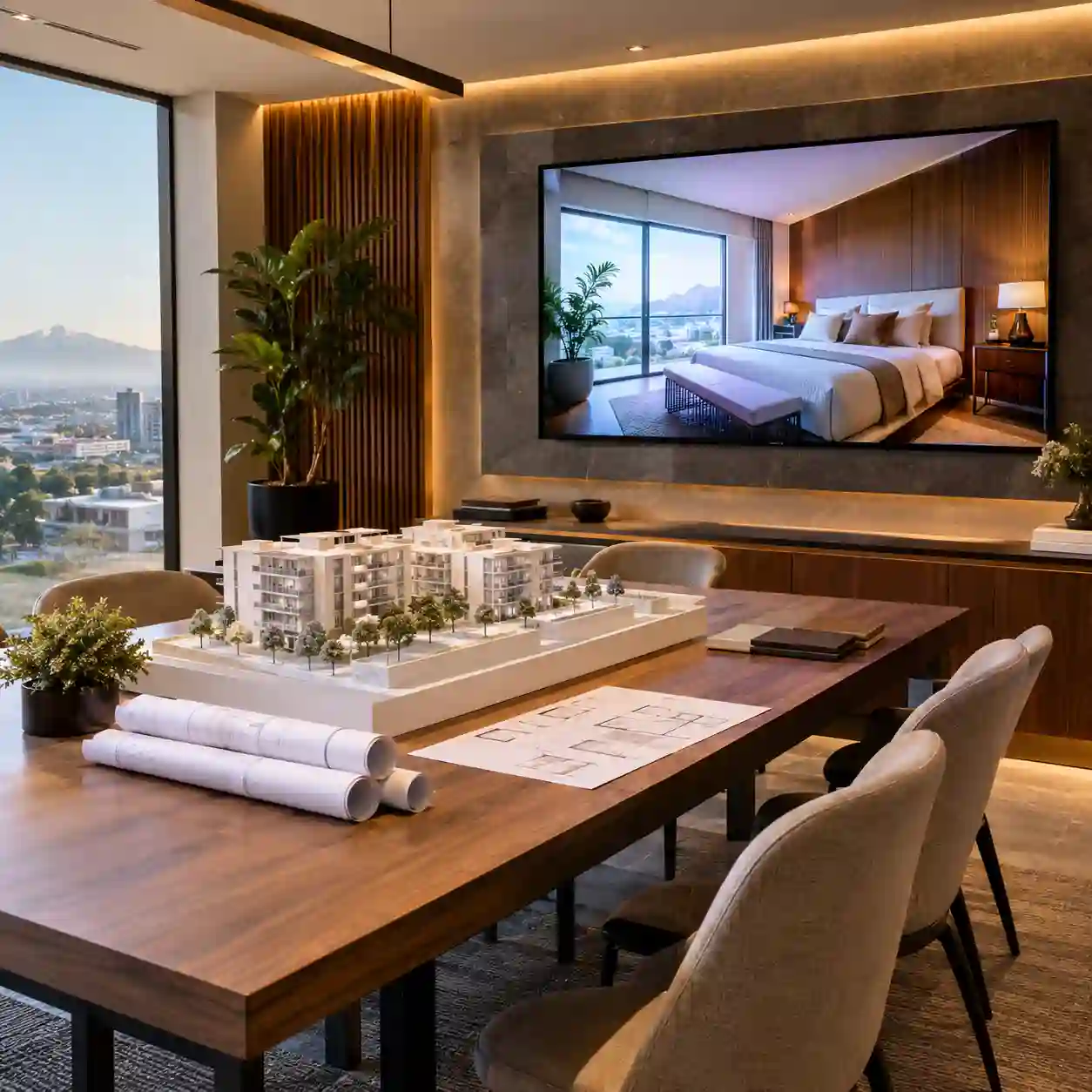Pantalla grande con el recorrido de una recámara en una sala de ventas moderna, junto a una mesa de asesoría con maqueta blanca y planos