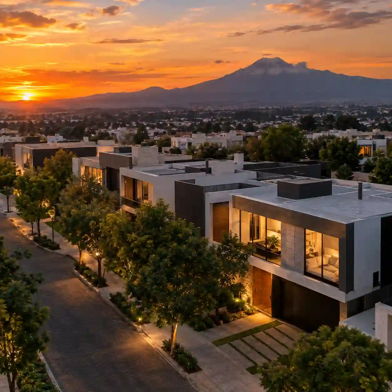 Fotograma tomado con dron de un conjunto de casas contemporáneas de dos niveles al atardecer, con calles arboladas y un volcán nevado al fondo