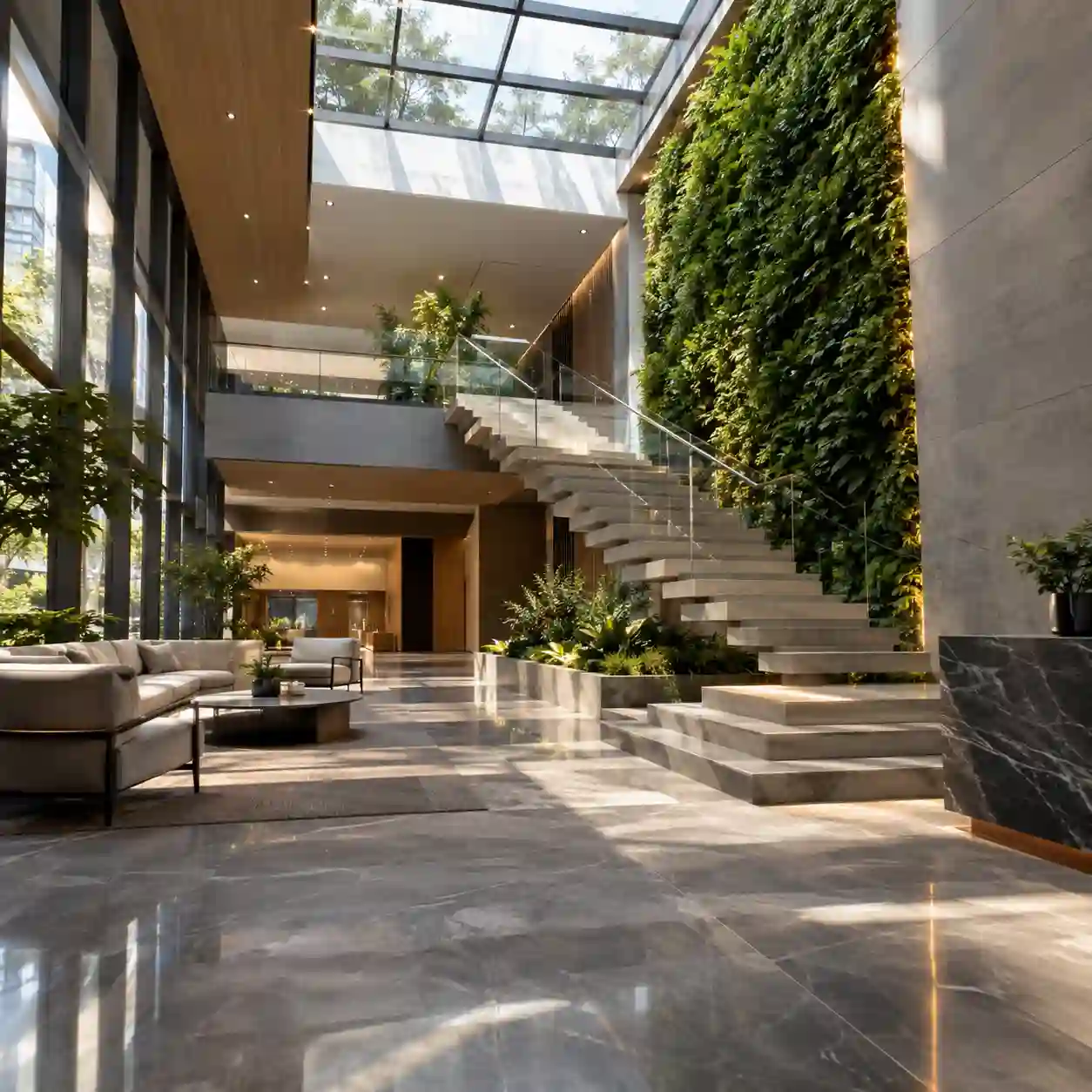 Fotograma de recorrido por un lobby de doble altura con escalera flotante de concreto, muro verde vertical y luz natural cenital
